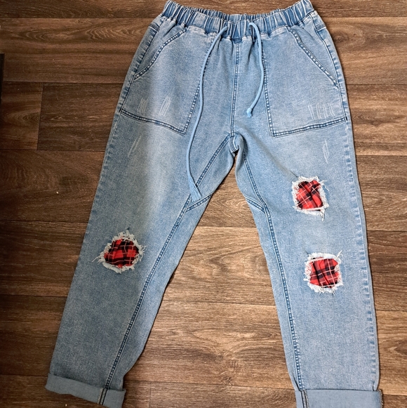 Amazon Denim - Distressed Blue Jeans with Red Plaid Patches